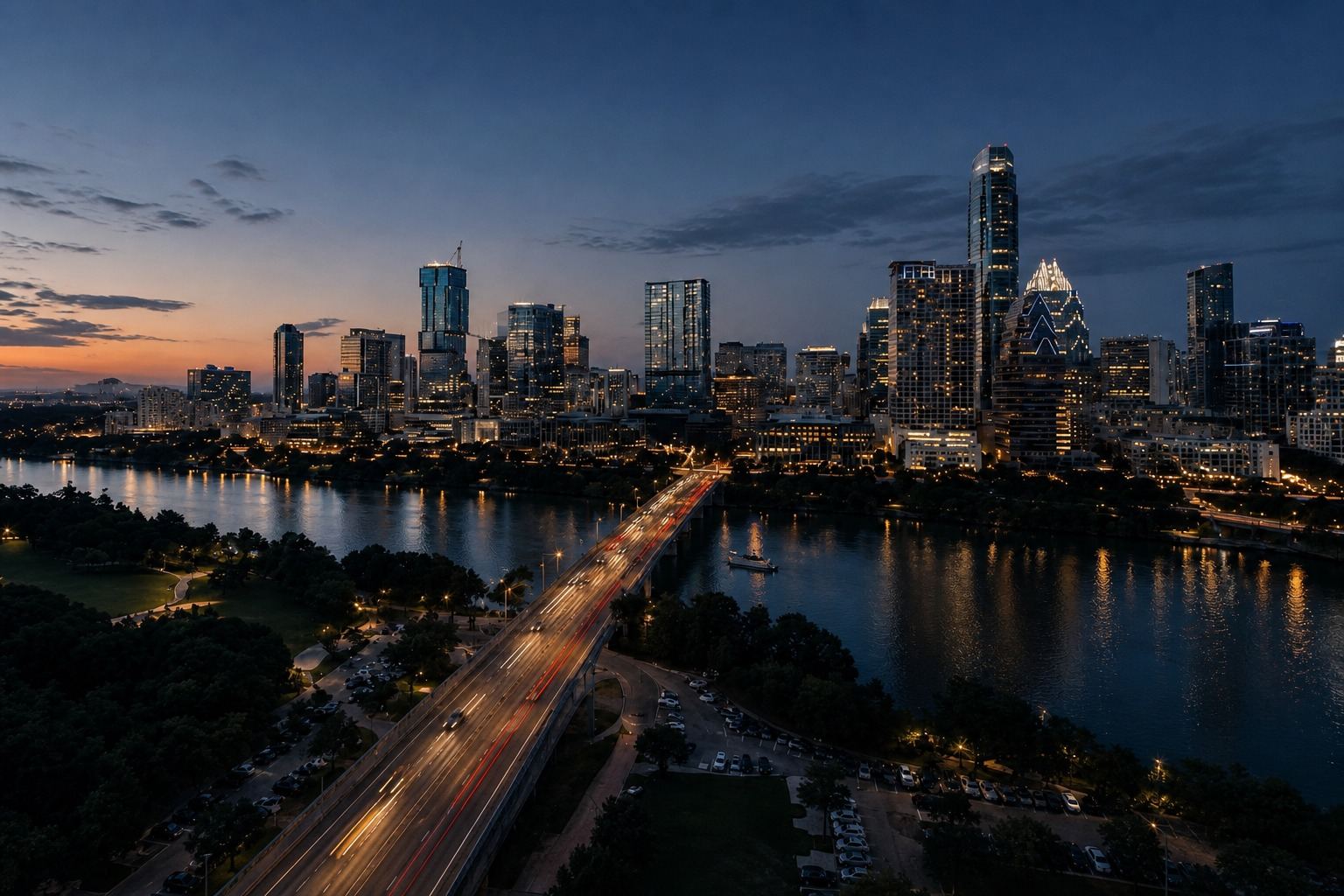 Downtown Austin, Texas skyline at dusk across Lady Bird Lake