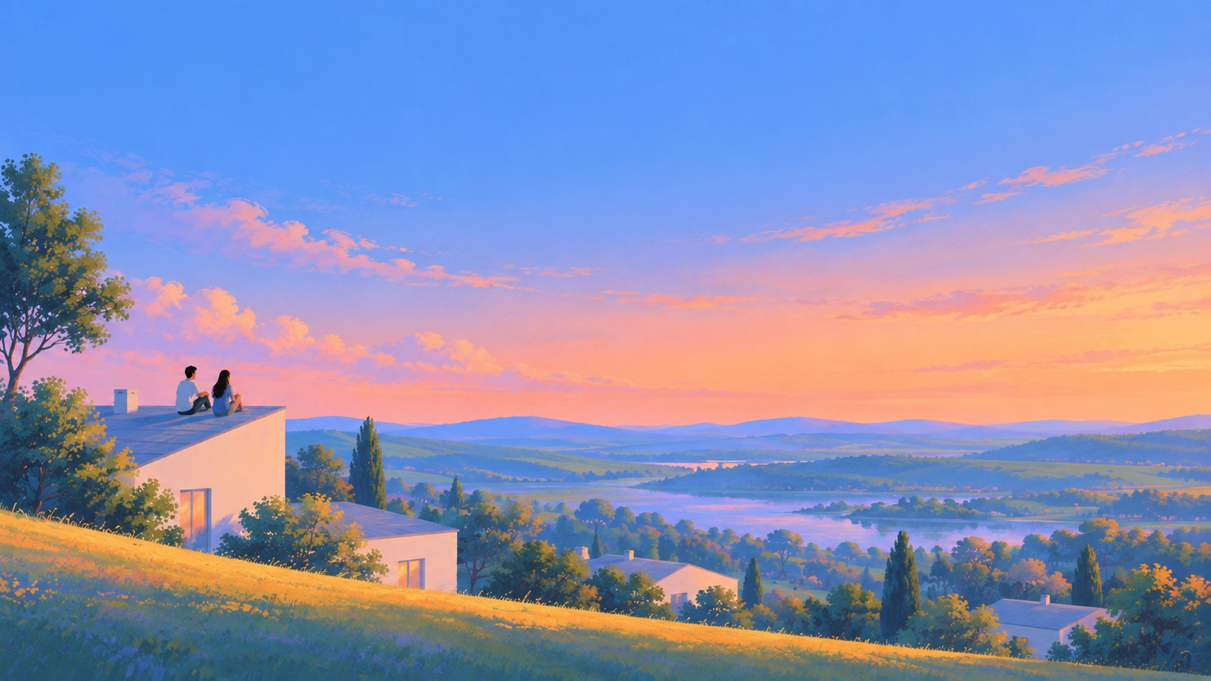 Couple sitting on a hillside rooftop overlooking a sunset valley of homes